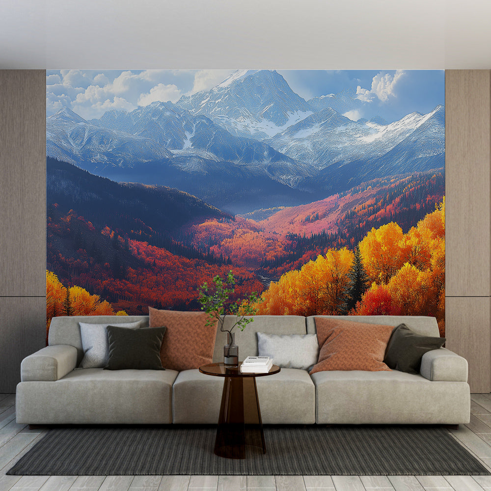 Mountain landscape wallpaper with autumn colors shown in a modern living room, creating depth and warmth