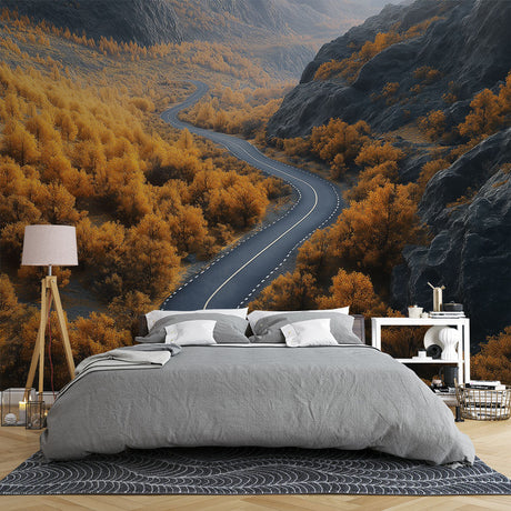 Mountain landscape wallpaper with winding road shown in modern living room, warm autumn colors creating depth and atmosphere