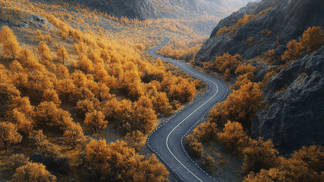 Mountain and autumn forest wallpaper design file showing full scenic pattern with golden trees and serpentine road