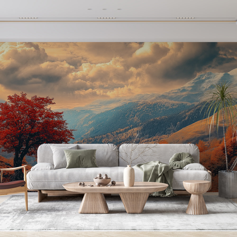 Mountain landscape wallpaper with red maple tree shown in a modern living room, creating a dramatic autumn accent wall