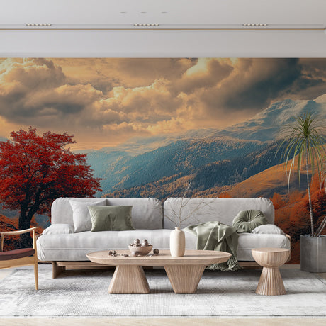 Mountain landscape wallpaper with red maple tree shown in a modern living room, creating a dramatic autumn accent wall