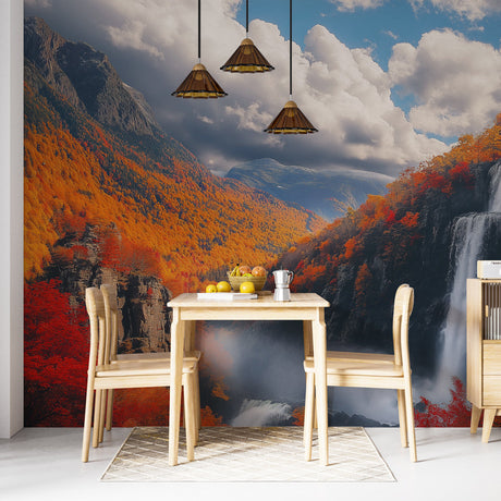Mountain waterfall wallpaper with autumn colors transforms this modern living room into a nature-inspired sanctuary