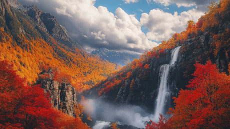Mountain landscape design file showing dramatic waterfall and vibrant autumn foliage pattern
