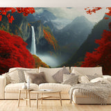 Mountain waterfall wallpaper with red maple trees displayed in a modern living room, creating a stunning accent wall