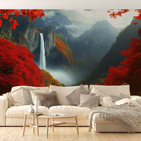 Mountain waterfall wallpaper with red maple trees displayed in a modern living room, creating a stunning accent wall