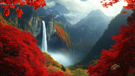 Mountain and waterfall design file showing detailed autumn forest pattern with misty peaks and cascading water