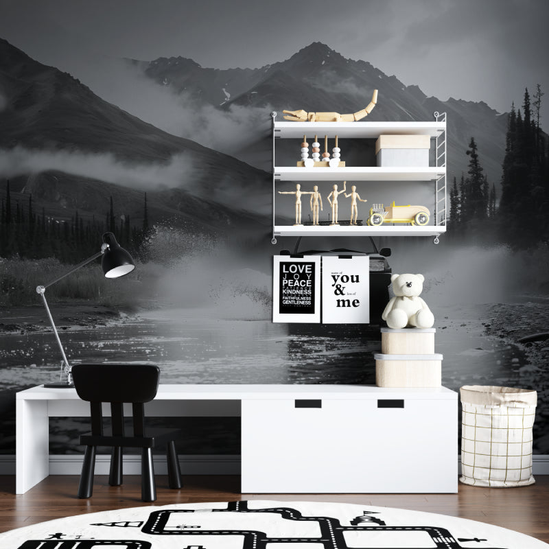 Black and white mountain mural in minimalist bedroom creating dramatic focal point