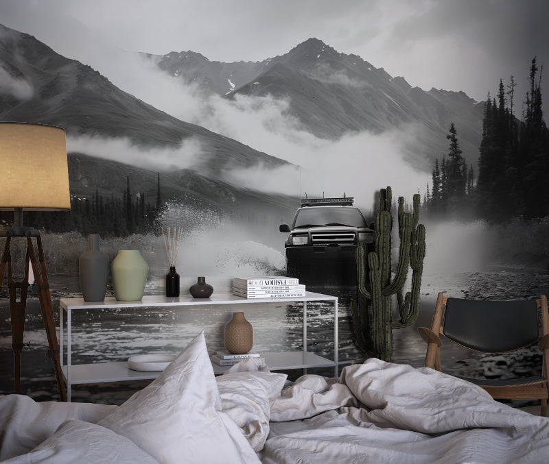 Mountain scene wallpaper bringing outdoor adventure feel to home office space
