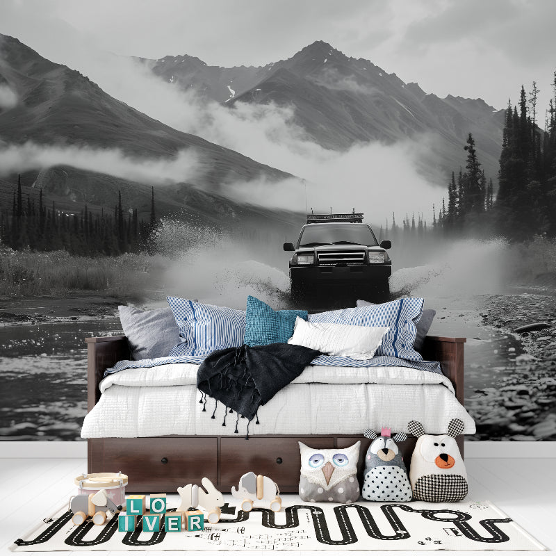 Monochrome mountain wallpaper in dining room showcasing majestic peaks and misty valleys