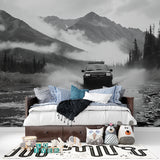 Monochrome mountain wallpaper in dining room showcasing majestic peaks and misty valleys
