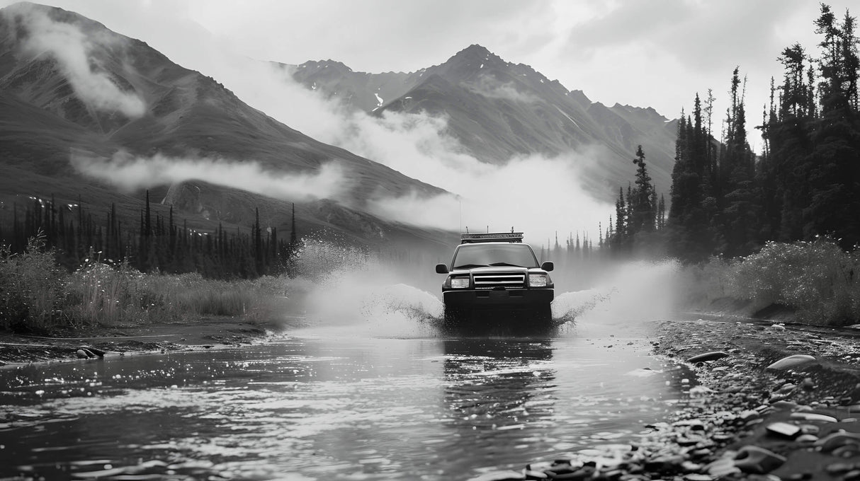 Mountain landscape design file showing detailed black and white peaks with misty atmosphere