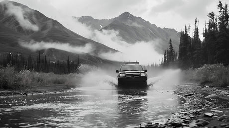 Mountain landscape design file showing detailed black and white peaks with misty atmosphere