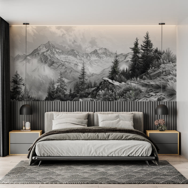 Mountain mural wallpaper creating depth in a modern living room, black and white alpine peaks above grey sofa