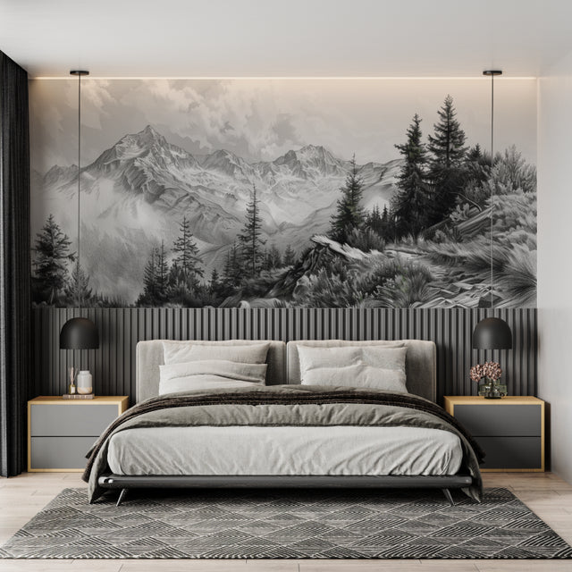 Mountain mural wallpaper creating depth in a modern living room, black and white alpine peaks above grey sofa