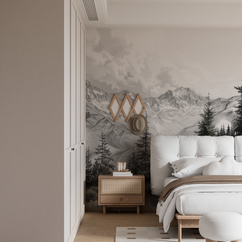 Black and white mountain wallpaper in minimal dining room, dramatic peaks complement modern furniture