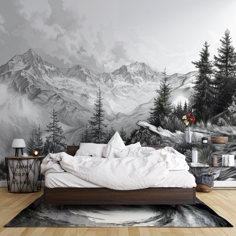 Alpine landscape wallpaper in contemporary bedroom, monochrome mountain scene adds serenity