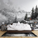 Alpine landscape wallpaper in contemporary bedroom, monochrome mountain scene adds serenity