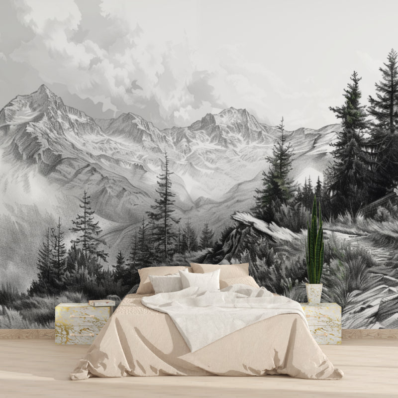 Mountain peak mural transforming home office space, black and white nature theme enhances focus