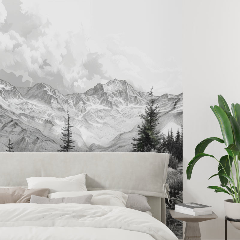 Mountain range wallpaper making statement in hallway, dramatic black and white peaks create depth