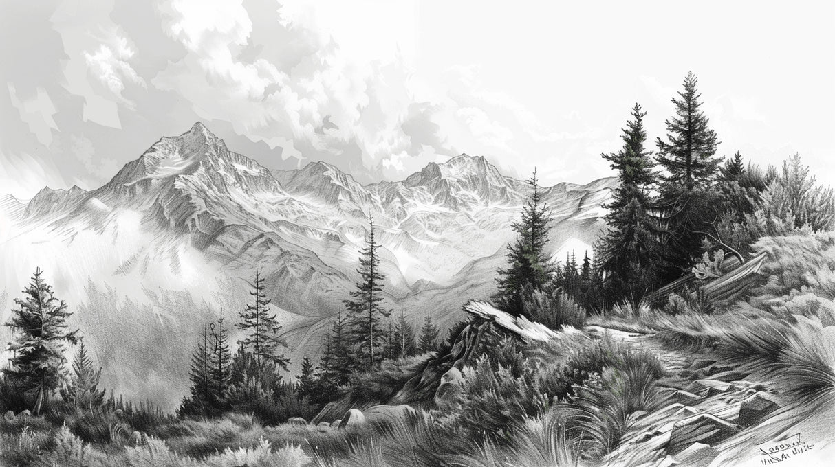 Mountain landscape wallpaper design file showing detailed black and white alpine peaks with misty atmosphere