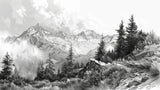 Mountain landscape wallpaper design file showing detailed black and white alpine peaks with misty atmosphere