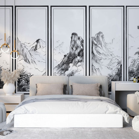 Mountain landscape wallpaper creating depth in a minimalist living room with black and white Asian art theme