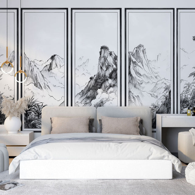 Mountain landscape wallpaper creating depth in a minimalist living room with black and white Asian art theme
