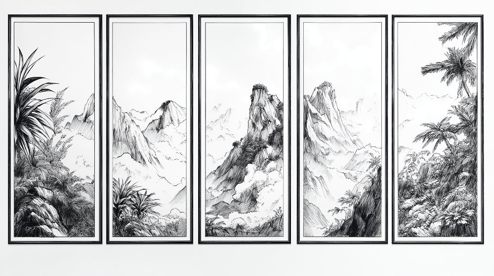 Black and white mountain wallpaper design file showing detailed ink-style peaks and palm fronds pattern