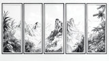 Black and white mountain wallpaper design file showing detailed ink-style peaks and palm fronds pattern