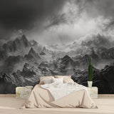 Black and white mountain mural adding depth to master bedroom with natural lighting