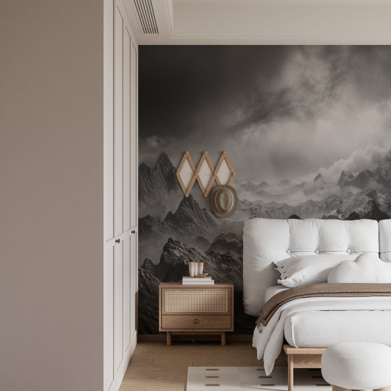 Misty mountain wallpaper in home office setting with wooden desk and plants