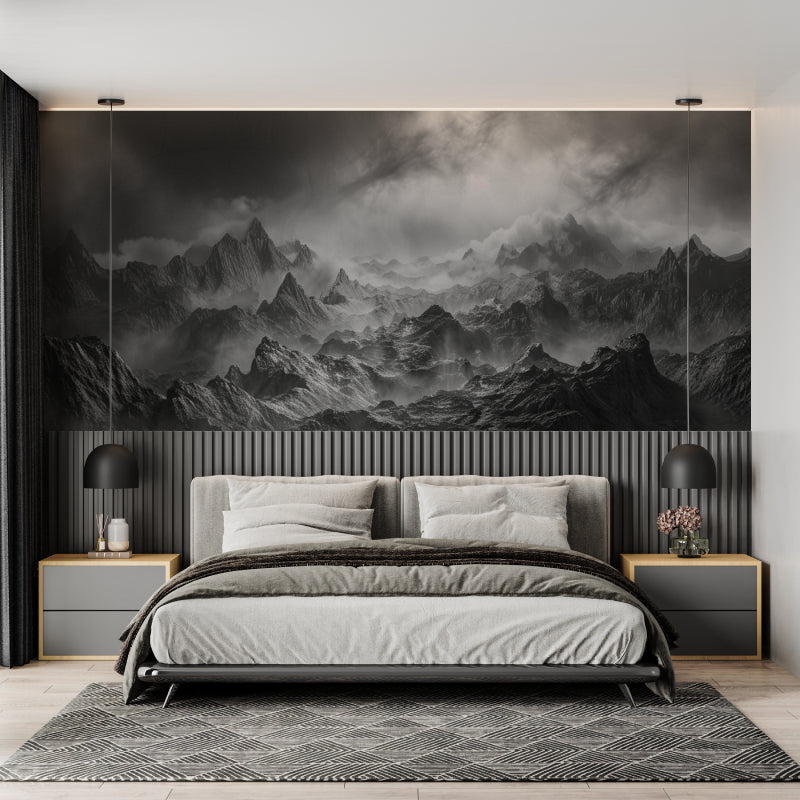 Mountain range wall mural enhancing dining room with contemporary furniture