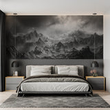 Mountain range wall mural enhancing dining room with contemporary furniture