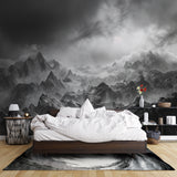 Monochrome mountain peaks creating focal point in minimalist hallway space