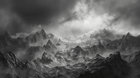 Detailed mountain peaks design file showing intricate misty effects and sharp contrasts