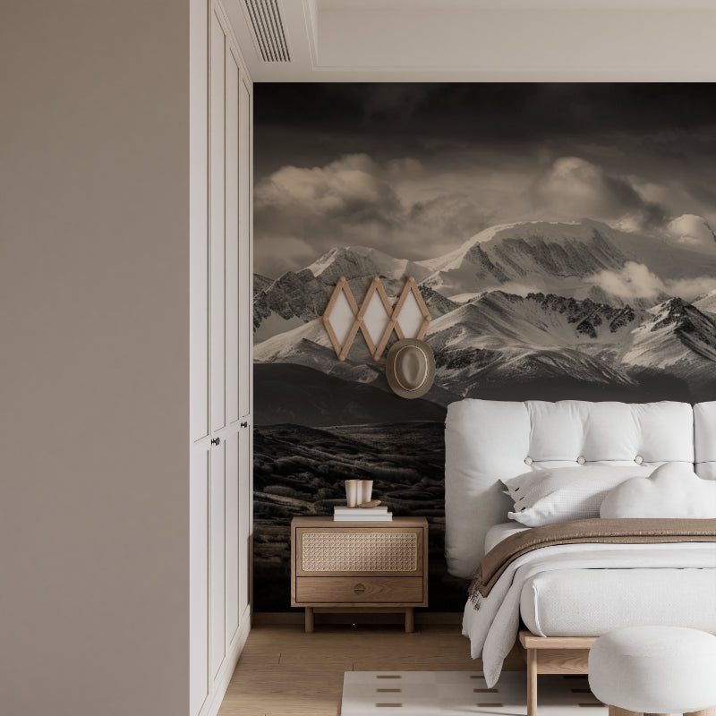 Black and white mountain mural adding drama to a modern bedroom