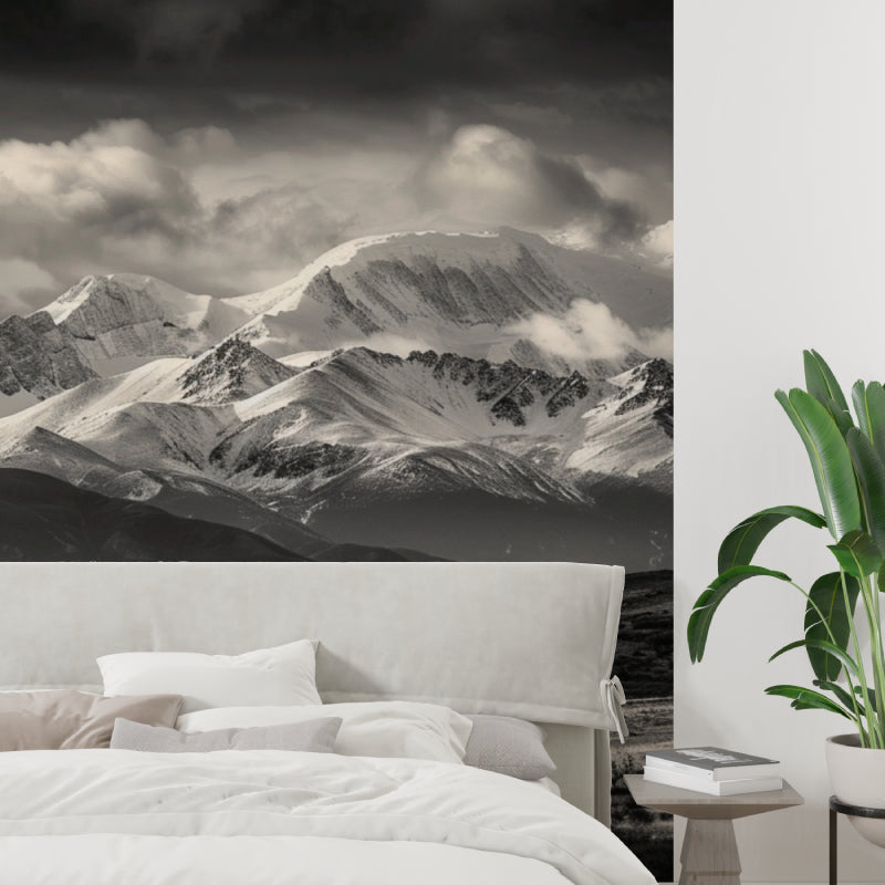Monochrome mountain peaks wallpaper enhancing a dining room