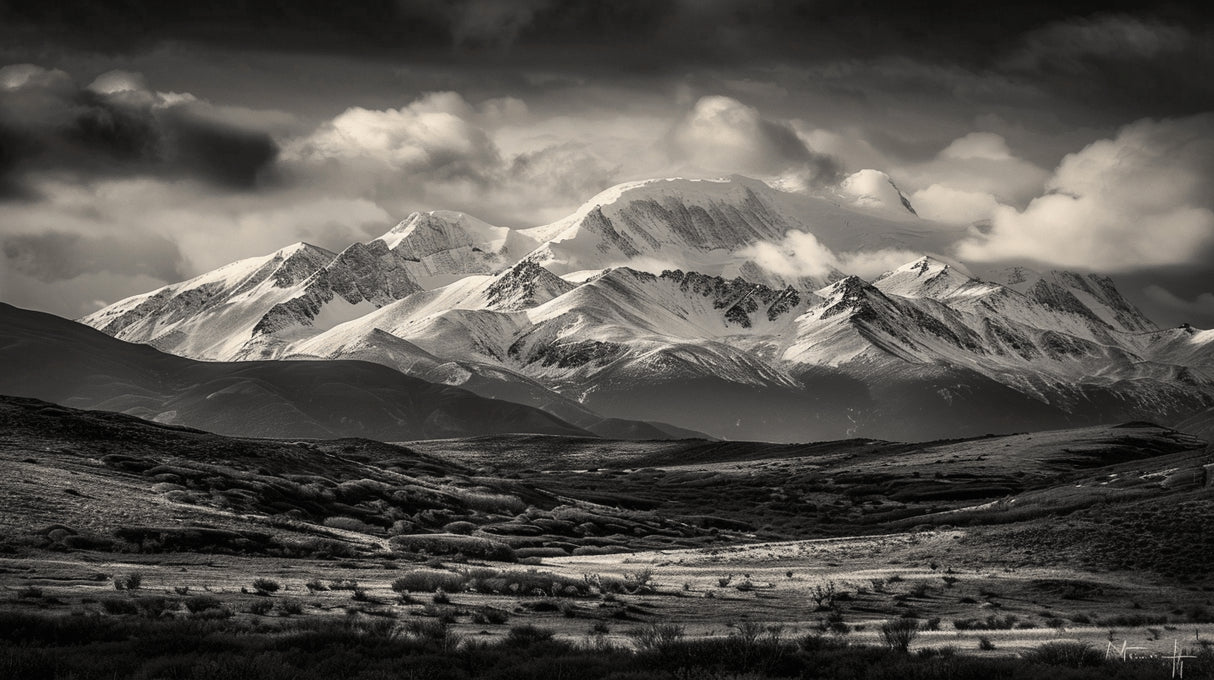 Mountain landscape design file showing detailed peaks and dramatic sky pattern