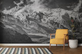 Dramatic mountain peaks featured in hotel lobby with modern lighting