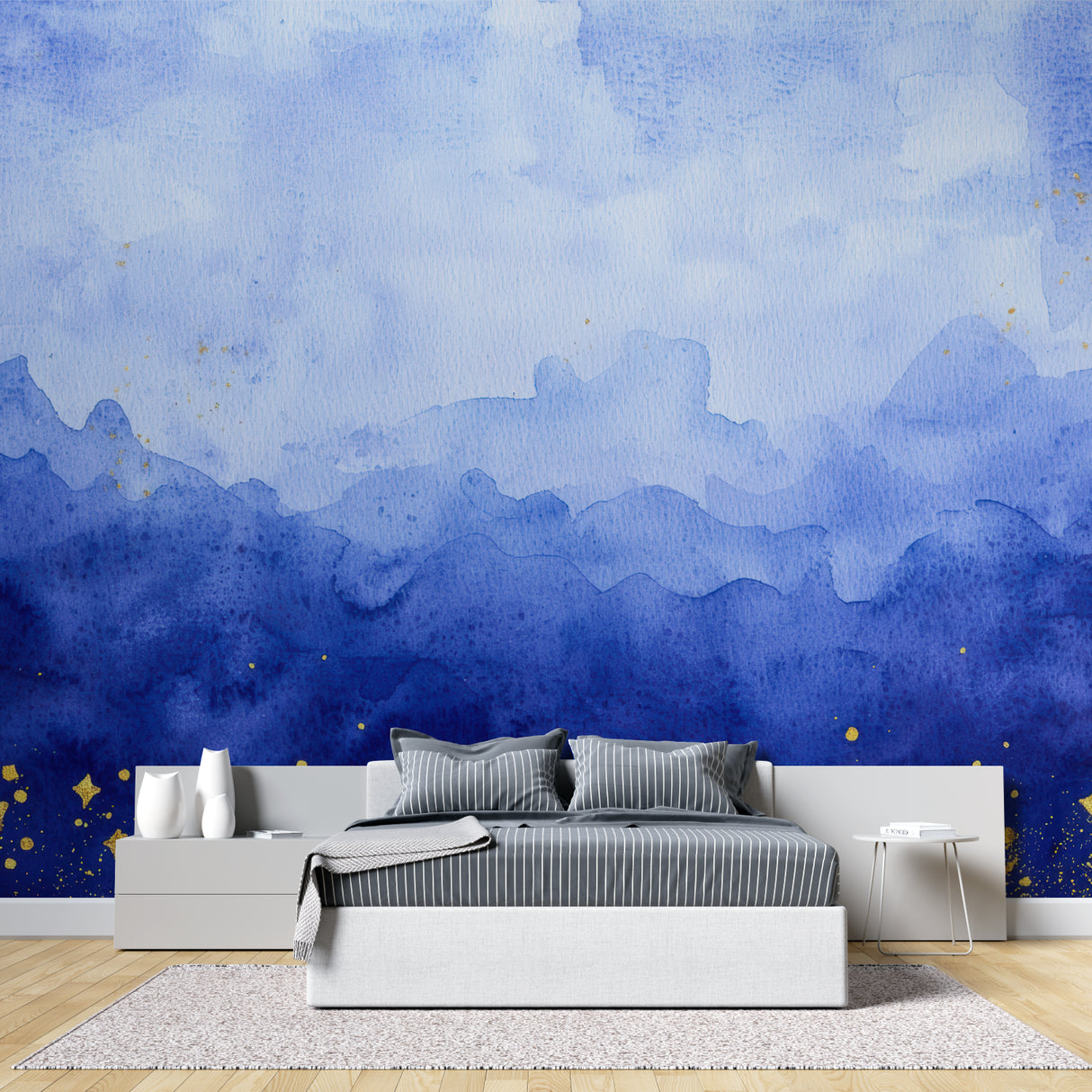 Mountain range wallpaper with gold accents creating depth in modern living room