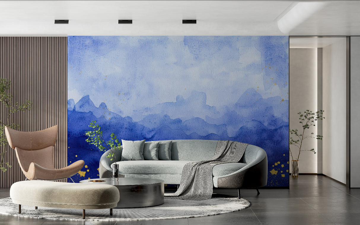 Blue mountain mural with golden details brightening master bedroom wall