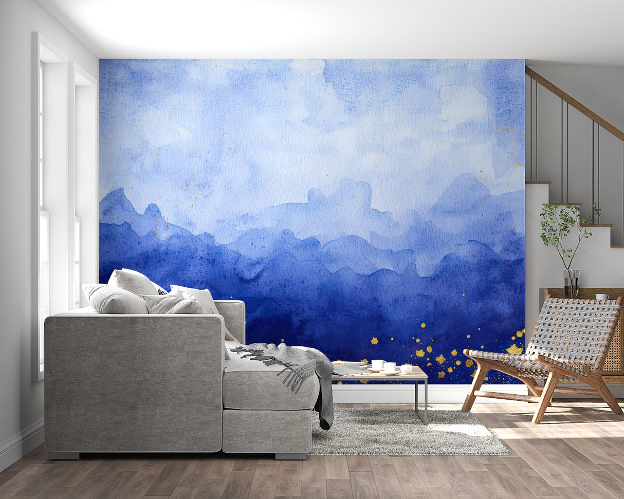 Watercolor mountain wallpaper adding calm to home office space