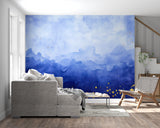 Watercolor mountain wallpaper adding calm to home office space