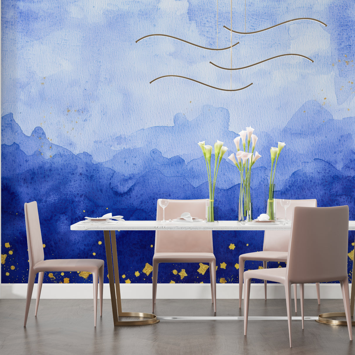 Blue and gold mountain design transforming dining room atmosphere