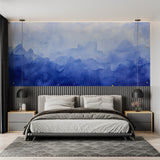 Mountain range mural creating focal point in meditation room