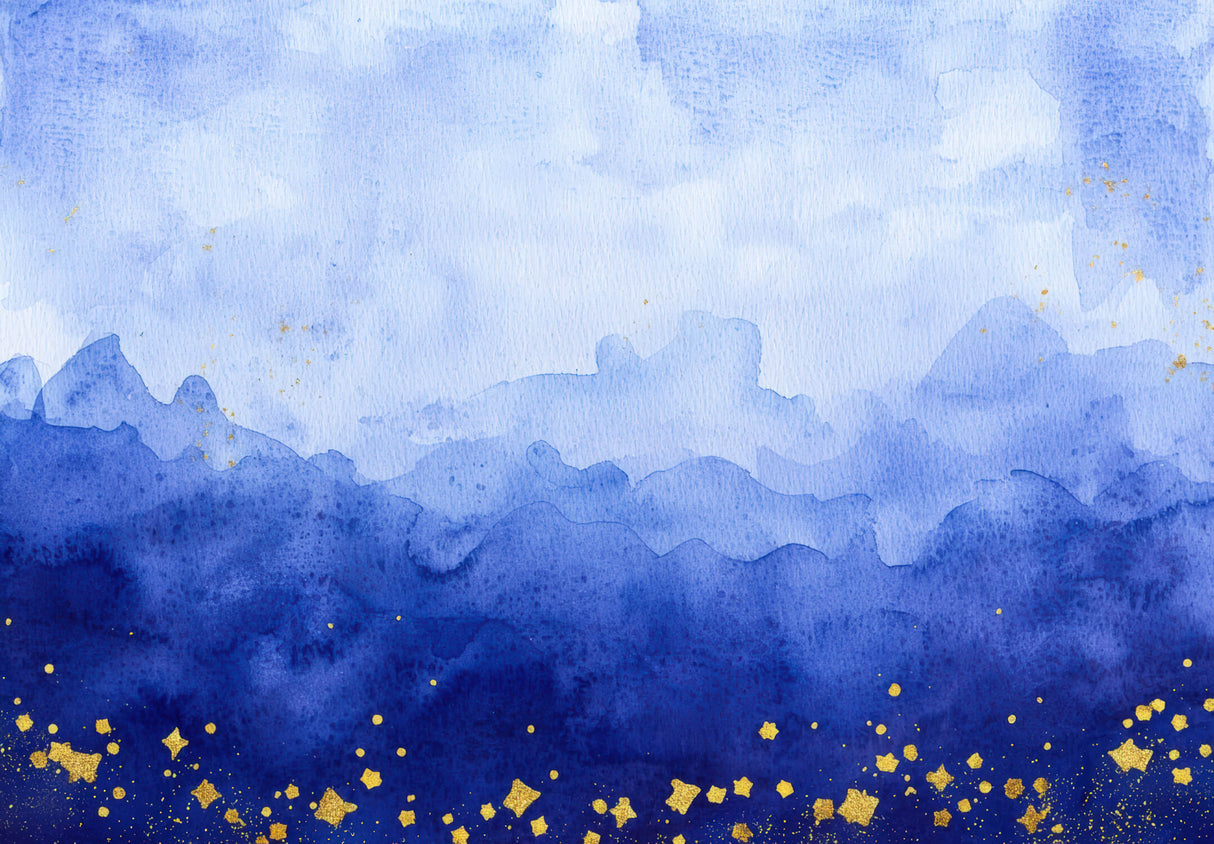 Mountain range design file showing blue watercolor gradient with gold accent details