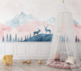 Nature wall mural with mountains and deer transforming a home office
