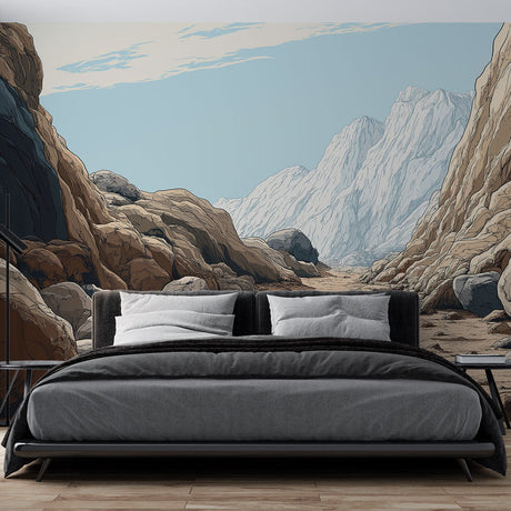 Mountain wallpaper mural in modern living room showing scale and depth of desert valley landscape with snowy mountains