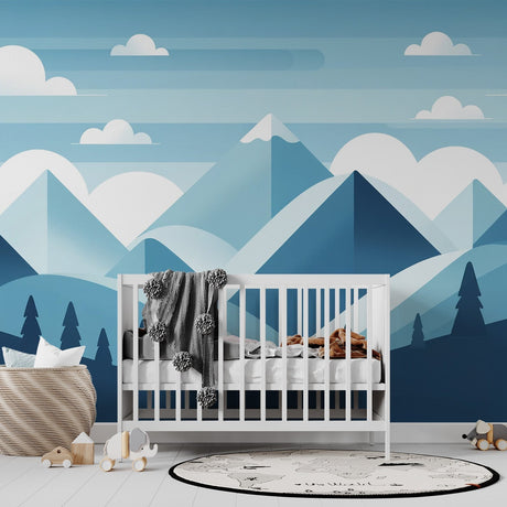 Mountain wallpaper mural creating a calm atmosphere in a modern living room with minimalist furniture