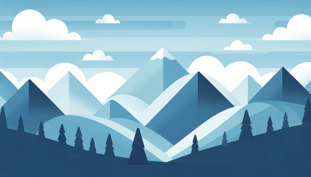 Geometric blue mountain pattern design file showing detailed alpine peaks and stylized clouds